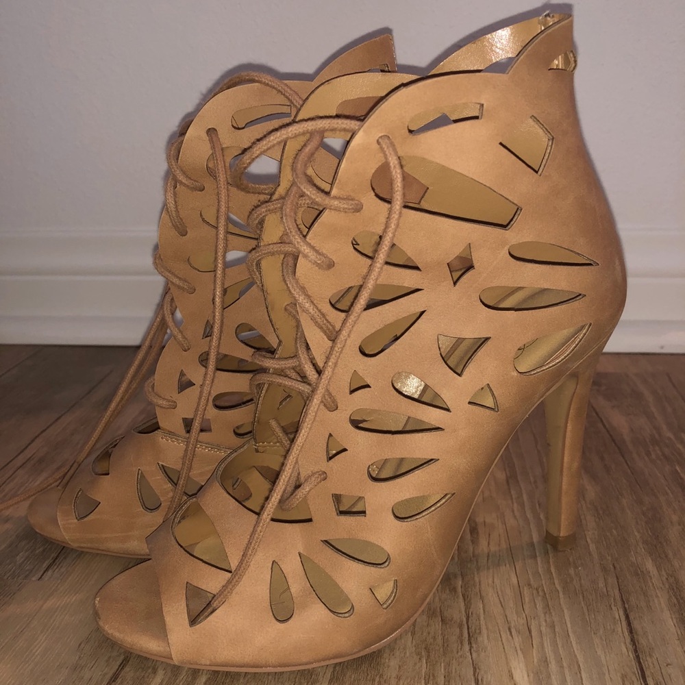 Tan tie-up high heels